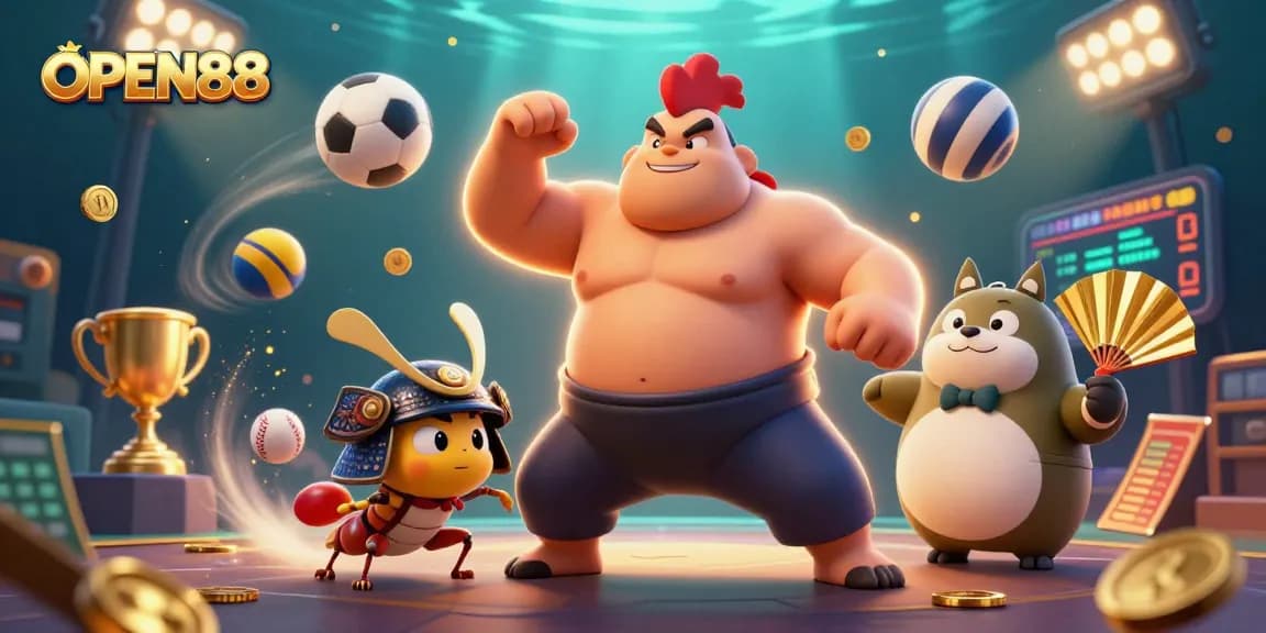 Enjoy thrilling action at OPEN88 with an energetic casino scene featuring vibrant characters and gold coins.