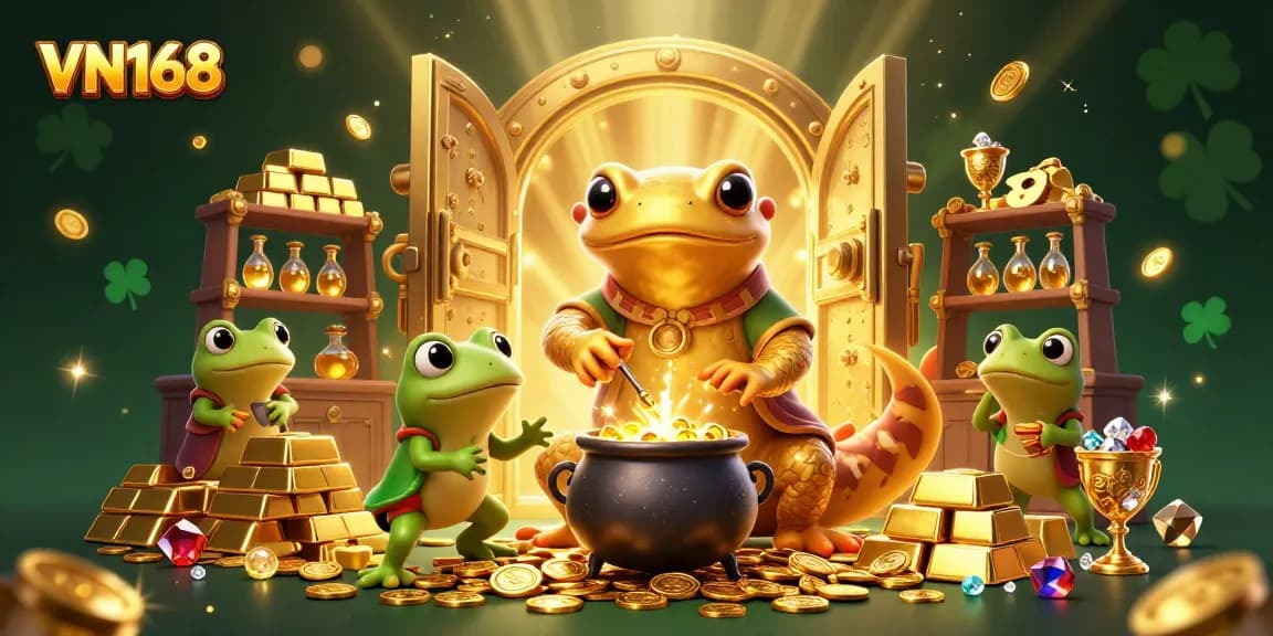 Experience exhilarating gameplay at VN168, featuring a vivid scene of gold coins and magical alchemy in a casino setting.