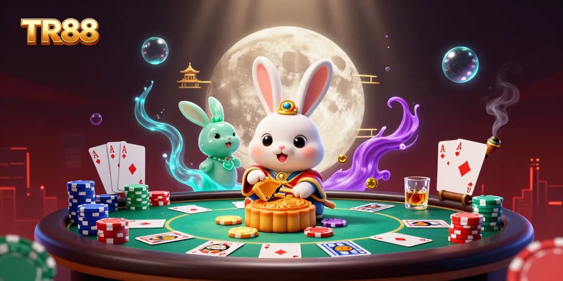 Engage with TR88's vibrant casino atmosphere as the moon rabbit reveals poker chips from mooncakes.