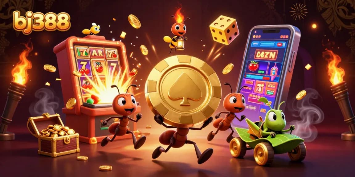 Experience the excitement of bj388 with ants carrying a giant poker chip in a vibrant 3D casino heist scene.