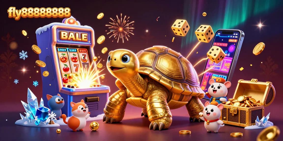 Experience thrilling games at fly88888888 with vibrant grand slot actions and a golden tortoise character.