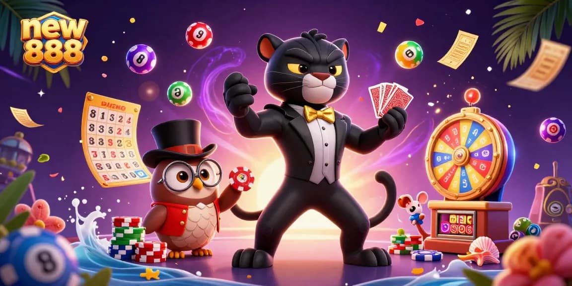 Experience thrilling gameplay with new888 casino characters as they deal cards and hold poker chips.