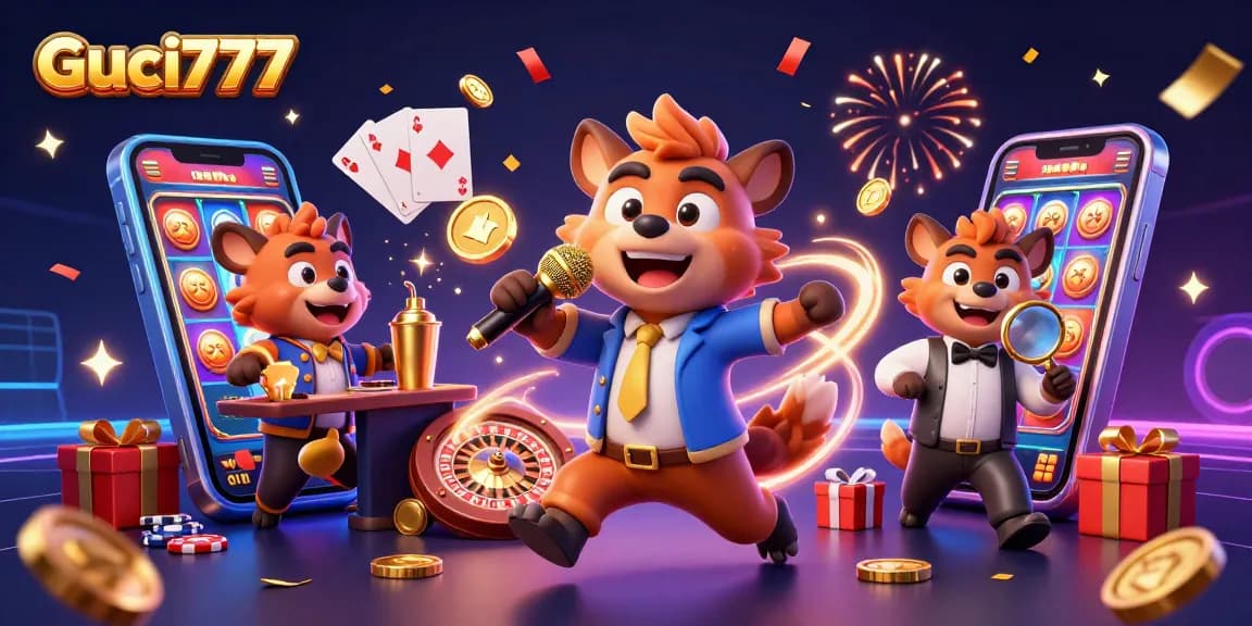 Guci777 menampilkan kasino online dengan karakter hyena lucu di lantai kasino.