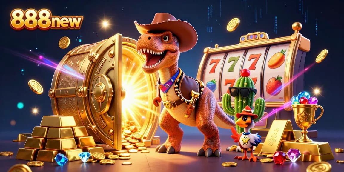 Spin the reels with 888new in a vibrant casino scene featuring a T-Rex and winning treasures