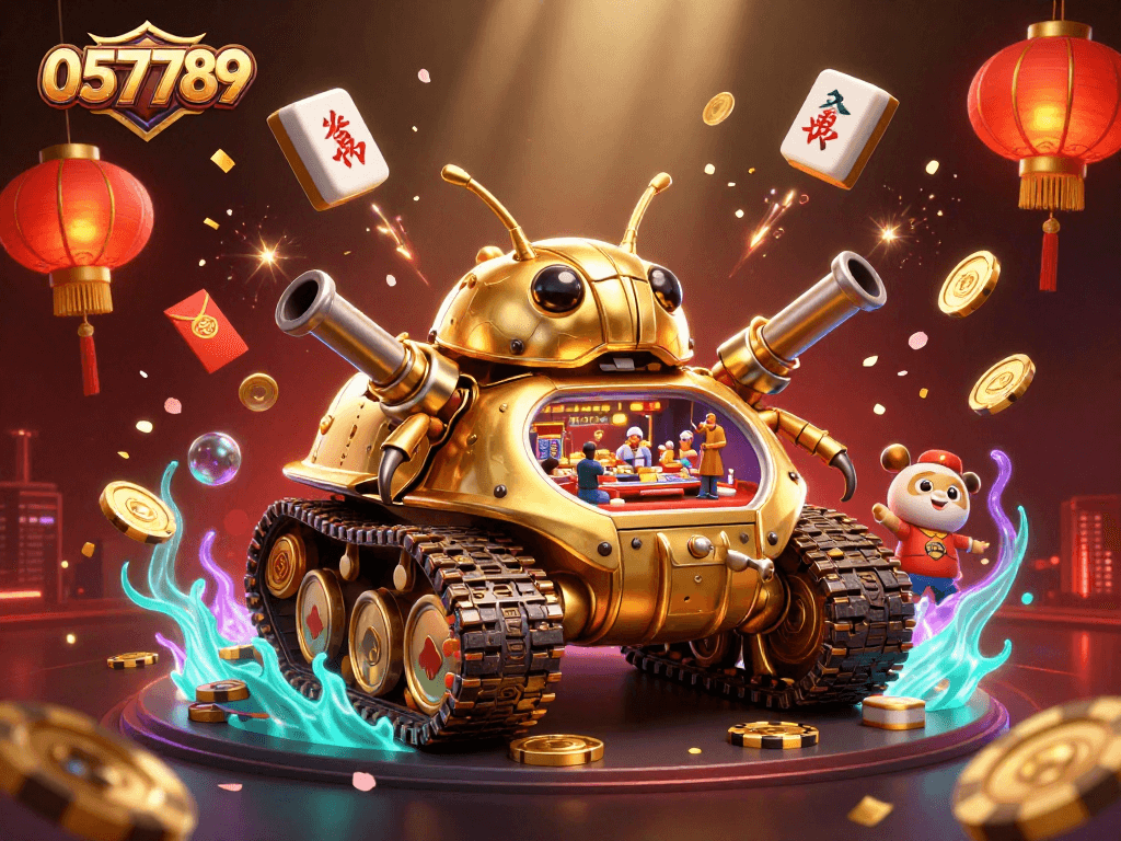 Engage with exciting games at 057789, featuring a massive golden beetle tank casino and festive elements.