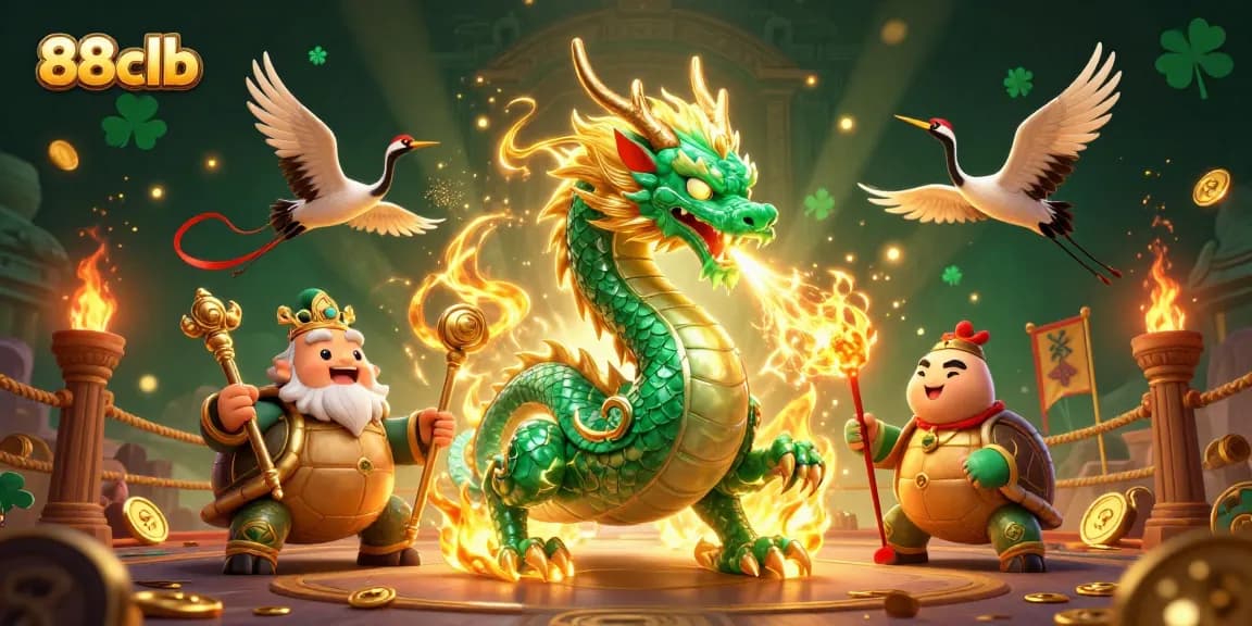 Engaging action in 88clb's fantasy casino scene with a jade dragon, turtle sage, and lucky cranes.