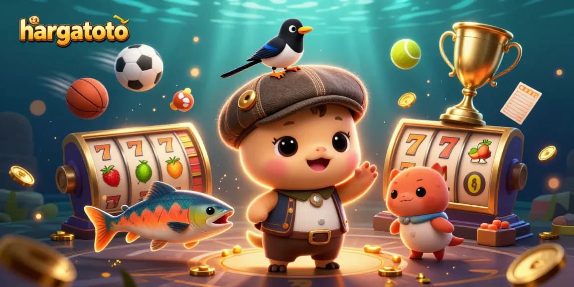 Spin the reels with hargatoto's playful 3D cartoon characters amidst vibrant casino elements, celebrating gambling fun.