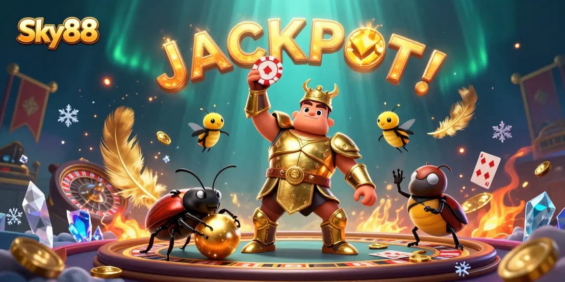 Sky88 showcases a beetle champion lifting a poker chip amid a vibrant casino atmosphere.