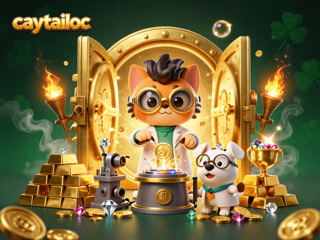 Caytailoc's jackpot scene featuring a mad scientist cat with golden coins and treasures.