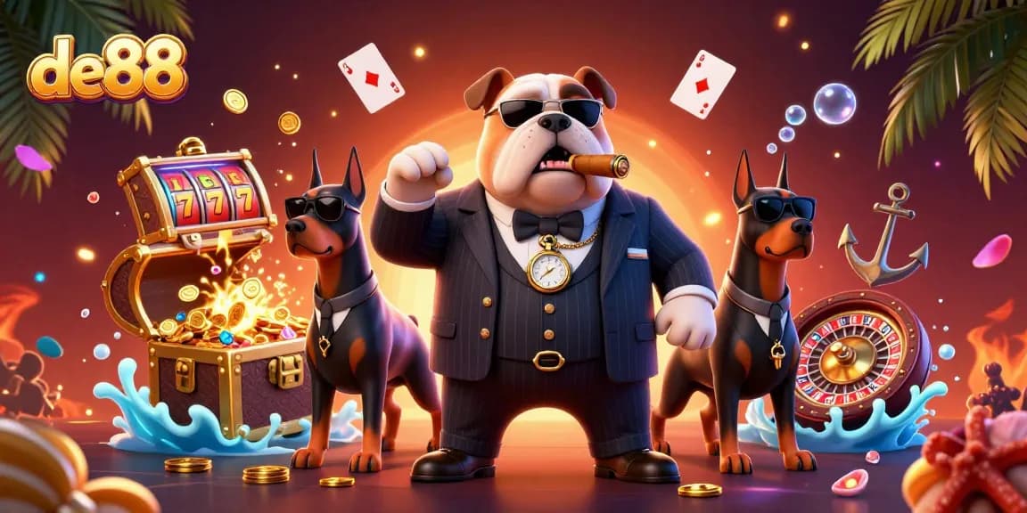 Experience excitement at de88 with a mafia-themed 3D casino scene featuring slot machines and treasure.