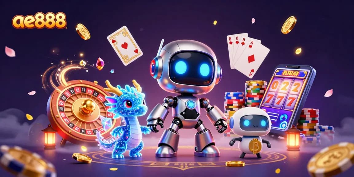 Experience excitement at ae888 with a vibrant casino scene featuring dynamic gaming elements and futuristic characters.