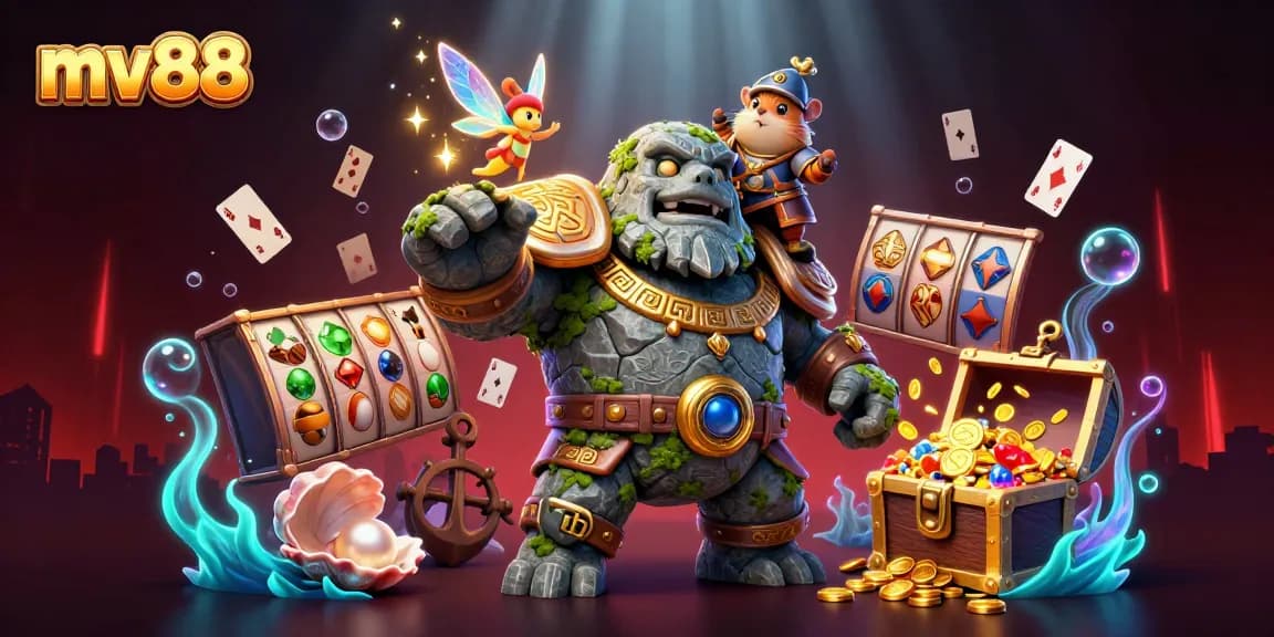 Experience the magic of mv88 in a vibrant casino scene with characters and slot elements.