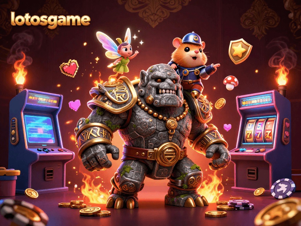 Experience thrilling gameplay with lotosgame's vibrant 3D illustration, showcasing magical characters and gambling elements.