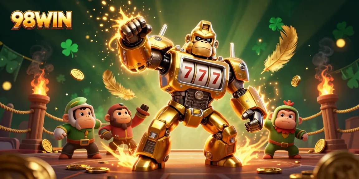 Experience the thrilling action of 98WIN with a dynamic golden gorilla mech design featuring slot machine elements.