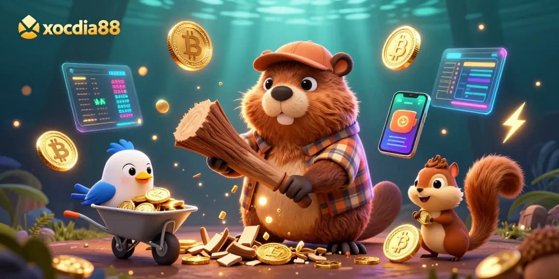 Xocdia88 features an exciting 3D illustration of a beaver, bird, and squirrel collecting golden rewards, ideal for online gambling.