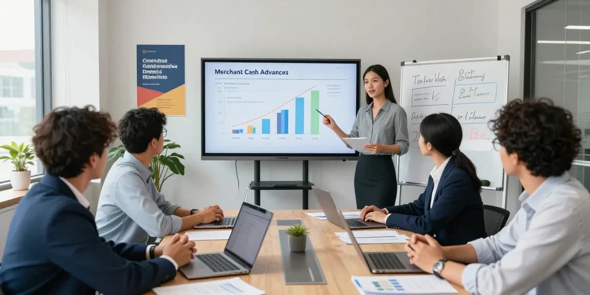 Apply for merchant cash advance in a collaborative office scene with diverse professionals discussing strategies.