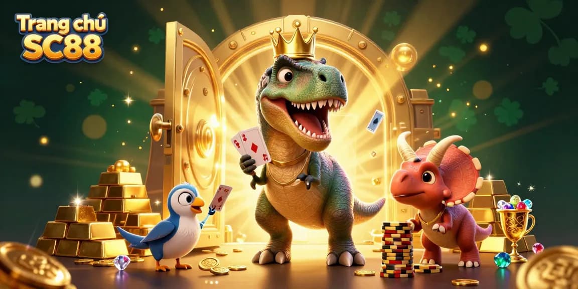 Experience the excitement at Trang chủ SC88 with playful dinosaur characters in a vibrant casino scene.