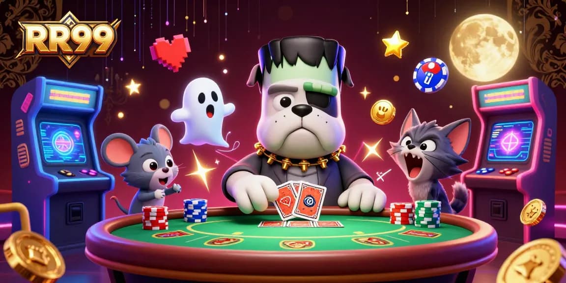 Experience RR99 with a Frankenstein bulldog monster dealing cards at a spooky casino scene.