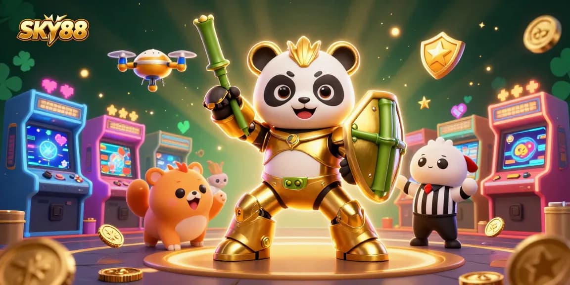 Experience the thrill of SKY88 with dynamic gambling scenes featuring casino games and animated characters.