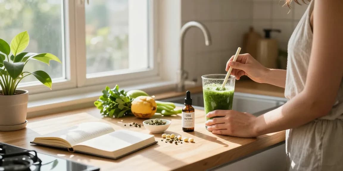 thc vape uk and organic CBD oil surrounded by fresh herbs and wellness items in a modern kitchen.