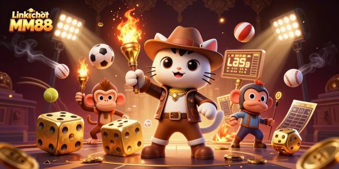 Engage in exciting gameplay at Link vào chơi MM88, featuring golden casino artifacts and dynamic sports elements.