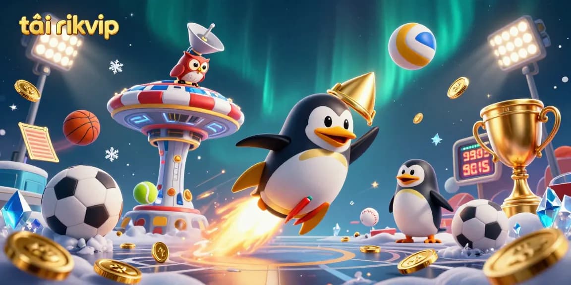 Experience the thrill of tải rikvip with a dynamic 3D illustration of a golden penguin and casino elements.