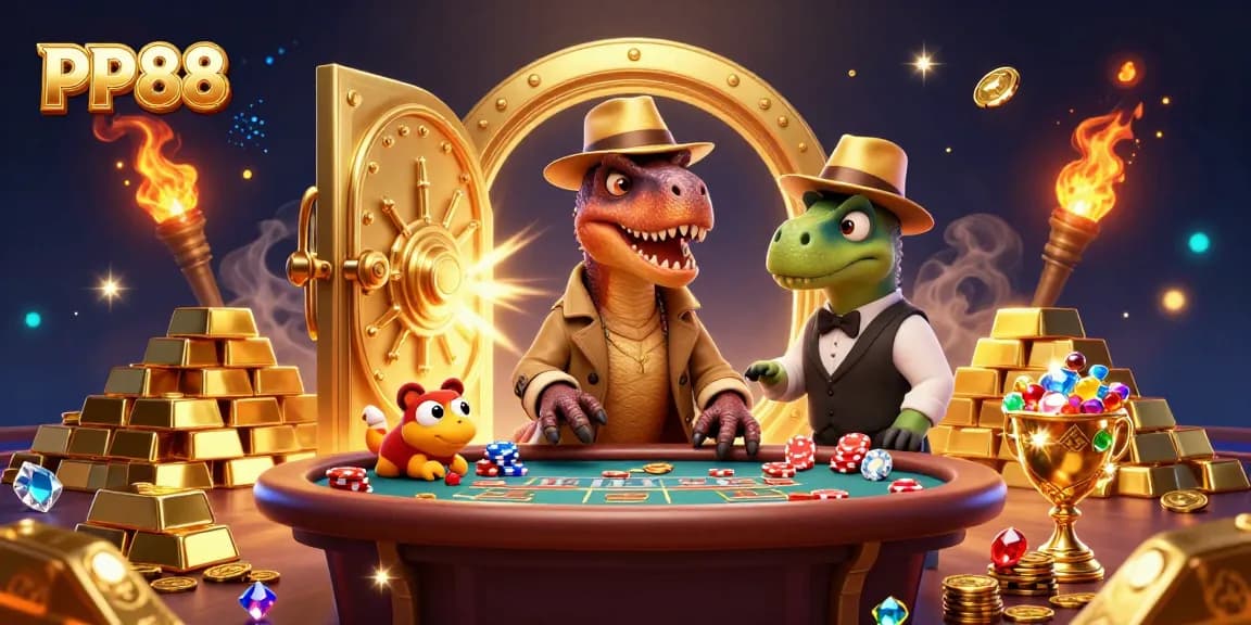 Experience the excitement of PP88 with a cartoon velociraptor card counter at a blackjack table amidst gold treasures.