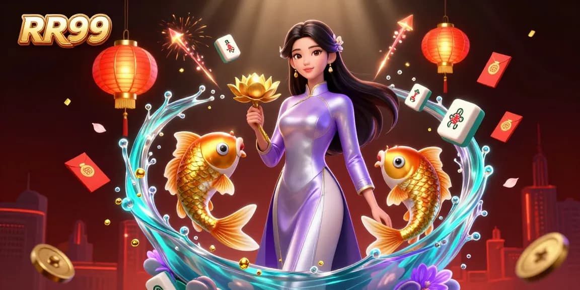 Engage with RR99's vibrant casino world, where elegance meets thrilling gameplay with golden koi and festive decor.