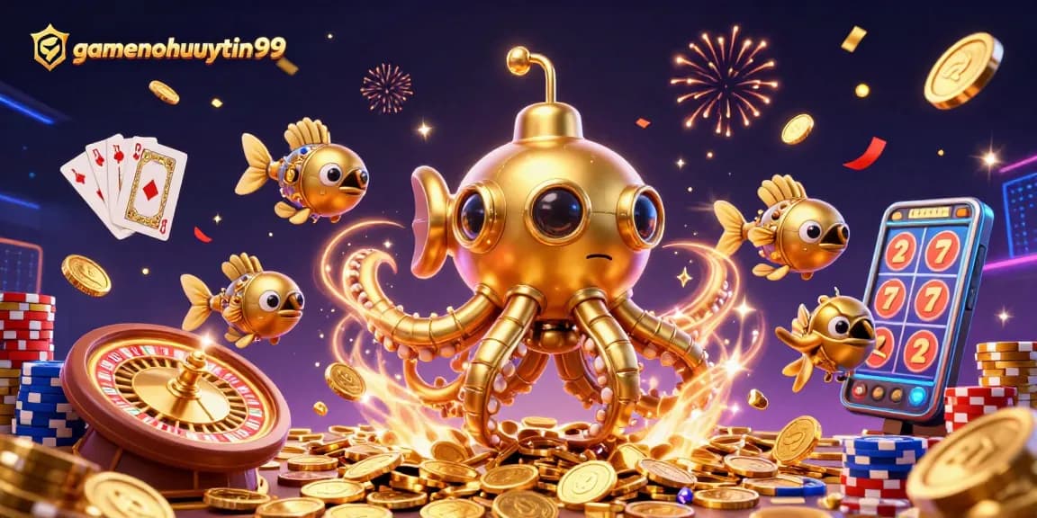 Experience the excitement of gamenohuuytin99 with vibrant 3D casino elements and dynamic gold coins.