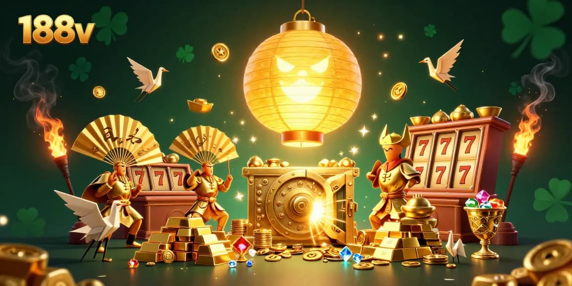 Engage with 188v's dynamic scene of a casino illuminated with golden treasures and vibrant energy.