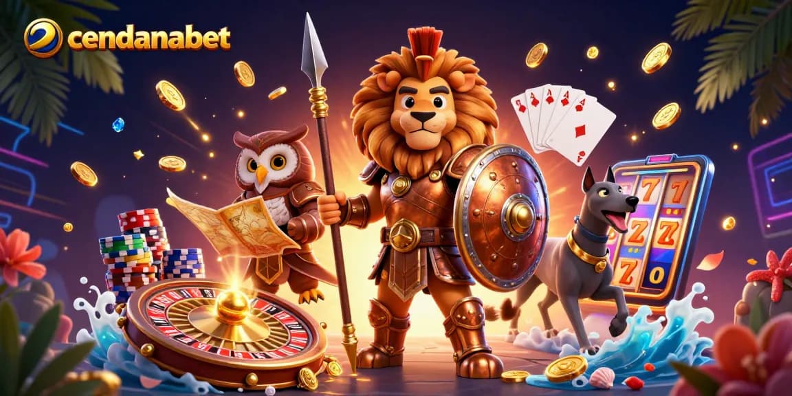 Cendanabet offers an exciting online gaming experience featuring a 3D Spartan lion amidst golden coins and roulette.
