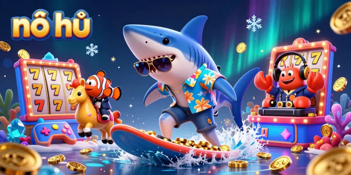 Nổ hũ slot game experience with a shark, clownfish, and crab DJ amidst golden coins and vibrant gaming elements.
