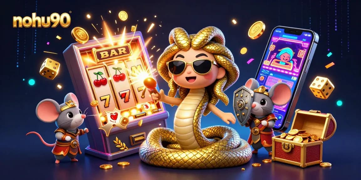 Win big with nohu90 at a vibrant slot machine scene featuring Medusa and a warrior mouse.