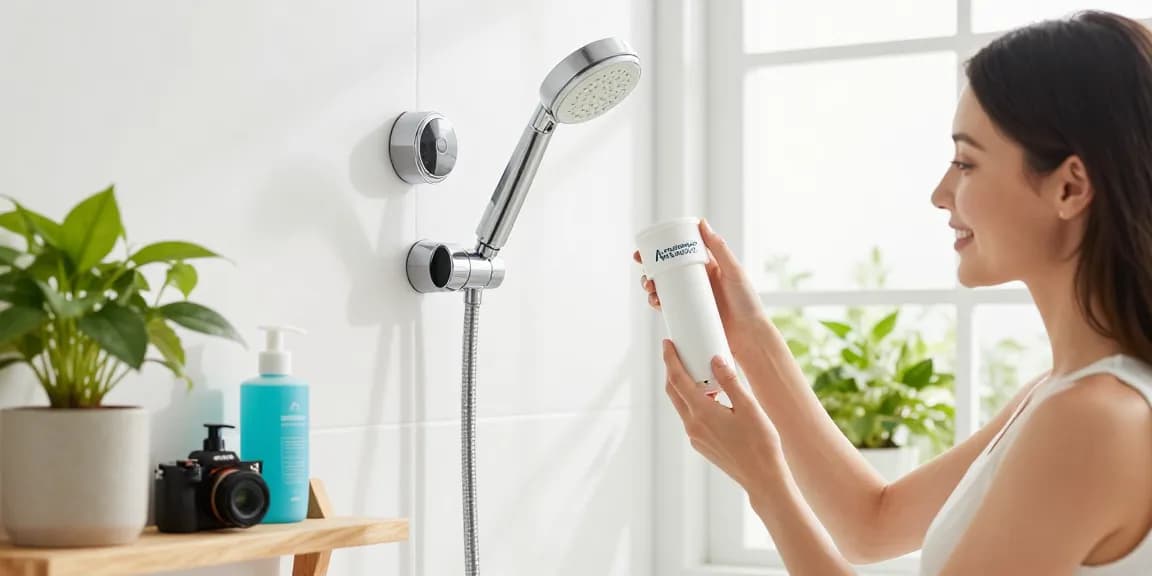 Waterdrop AQ-4125 Shower Filter Replacement for Aquasana® AQ 4125 being installed in a bright bathroom.