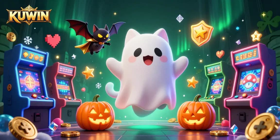 Engage in exciting games at KUWIN, featuring a friendly ghost cat and vampire bat in a vibrant casino setting.