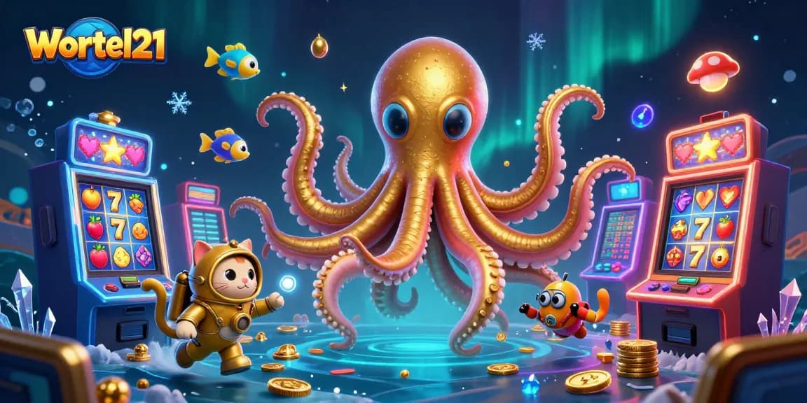 Wortel21 slot machines light up as the kraken and diving cat dive into treasure.