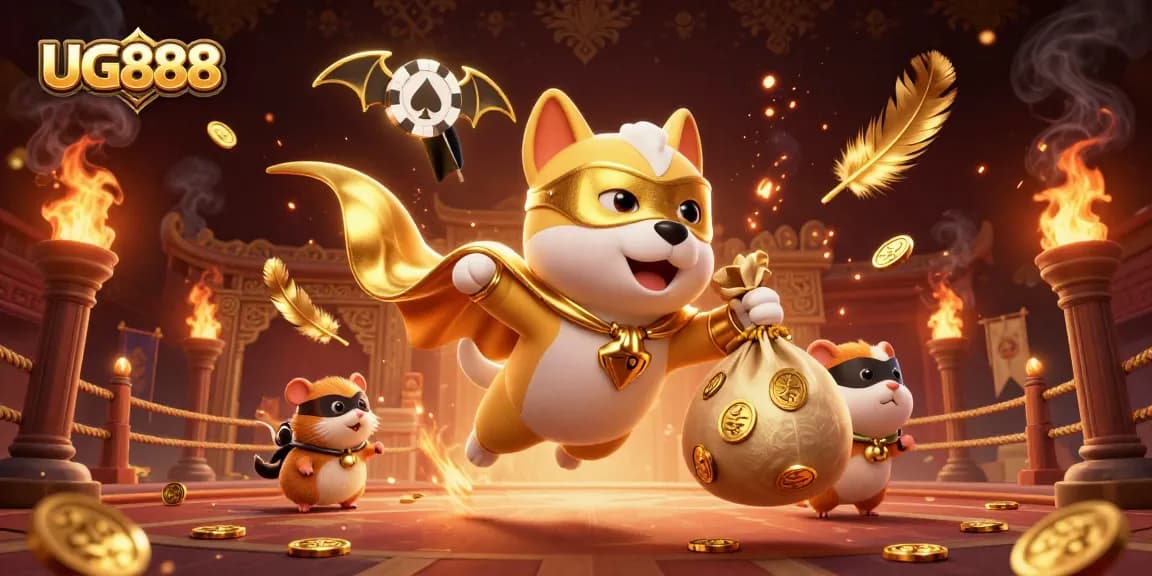 UG888 superhero dog flies through a vibrant casino-themed arena, generating excitement and winning opportunities.