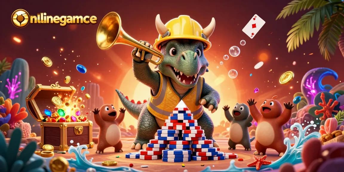 Experience thrilling action with onlinegamebanca as a triceratops builds poker chips amid vibrant casino elements.
