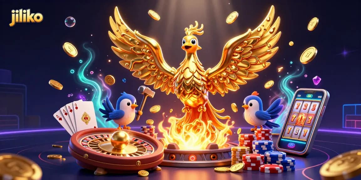 jiliko fans enjoy a golden phoenix rising amid coins and casino games in vibrant 3D illustration.