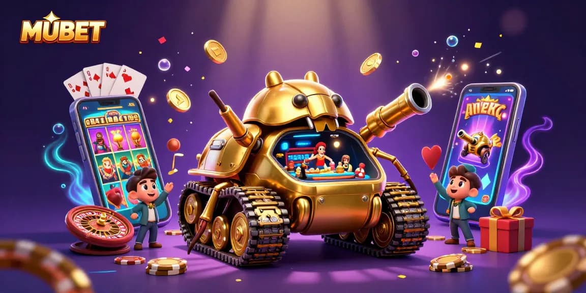 Experience the excitement of MUBET with this immersive 3D casino scene filled with vibrant games.