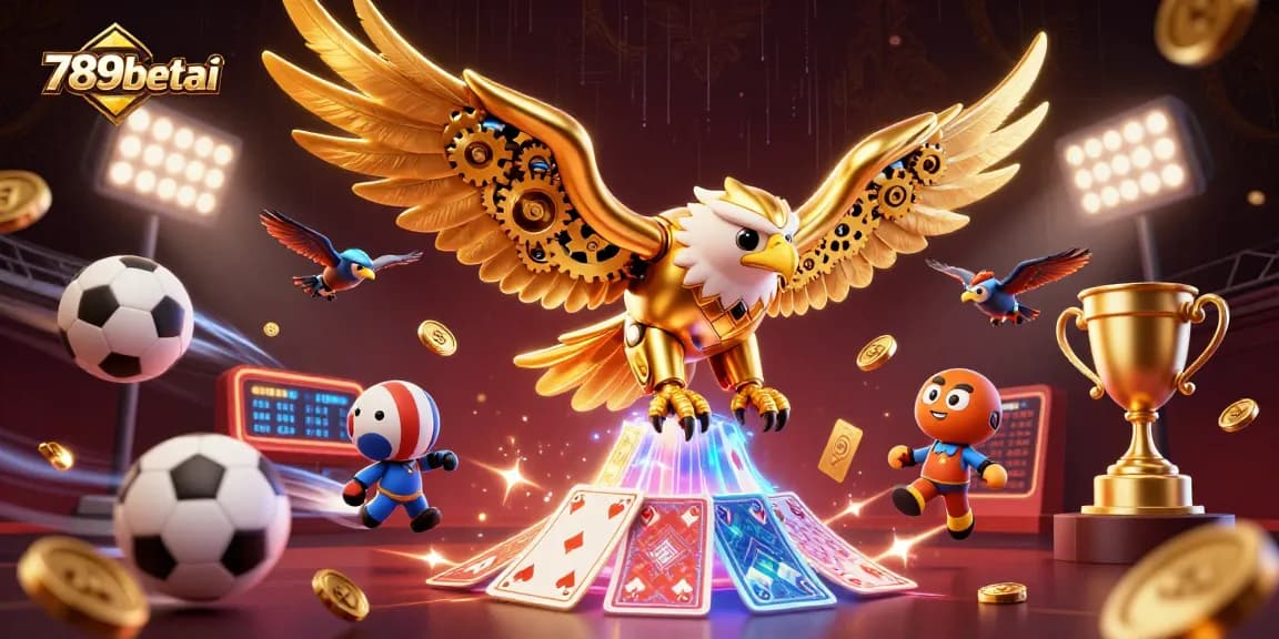 Engage with 789betai's dynamic sports betting scene featuring a golden eagle and holographic cards.