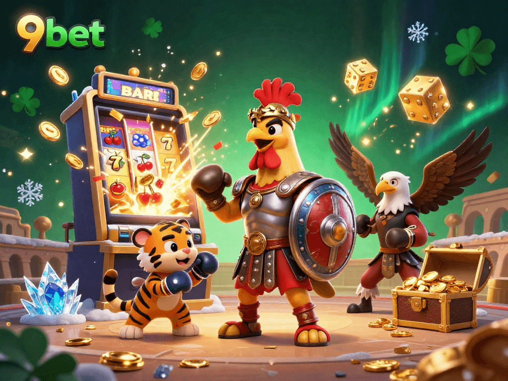 Experience the thrilling 9bet casino scene featuring a gladiator rooster in an action-packed arena.
