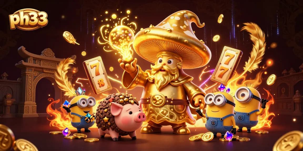 Experience thrilling wins at ph33 with an enchanting golden mushroom wizard in this dynamic casino scene.