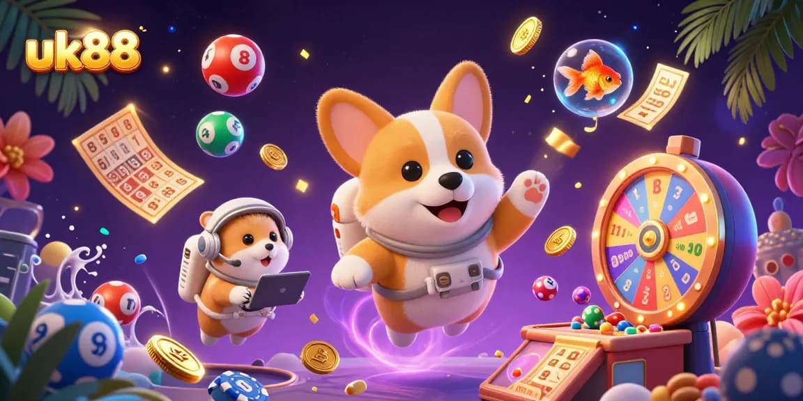 Join the excitement of uk88 with a playful floating corgi in a vibrant casino atmosphere.