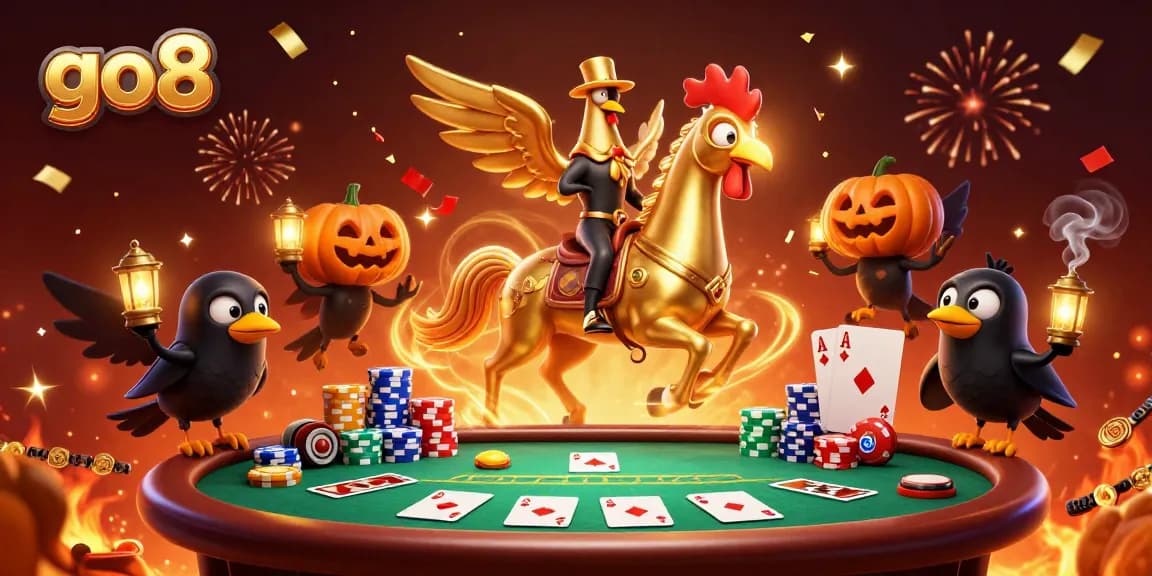 Experience winning with go8 at a vibrant midnight casino featuring whimsical creatures and exciting poker elements.