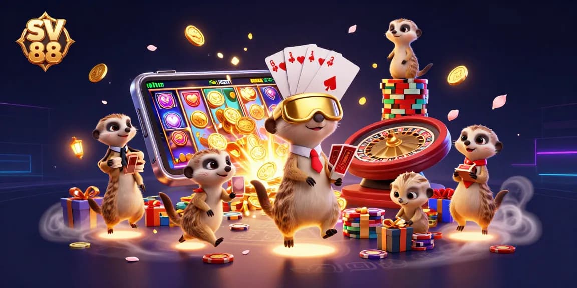 SV 88 showcases a dynamic casino with meerkats operating games and sneaky chips, embodying lively gambling action.
