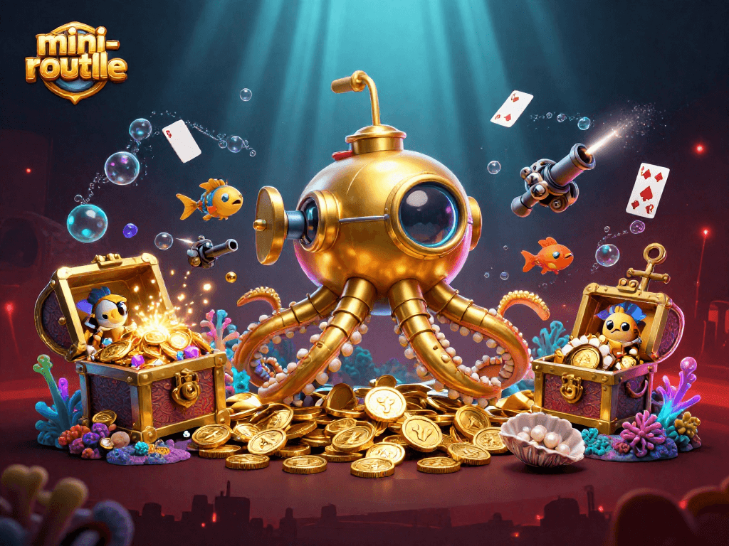 Engage in thrilling mini-roulette gameplay with dynamic golden submarine and mechanical fish amid golden treasures.