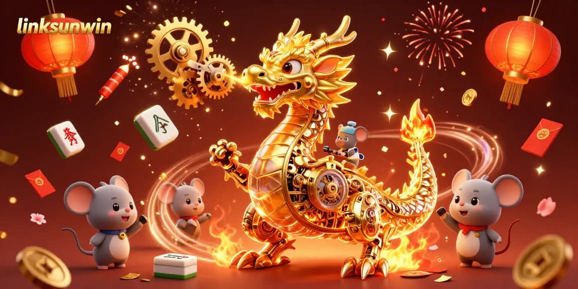 Experience the excitement of linksunwin with a vibrant 3D illustration showcasing a golden dragon amidst casino elements.