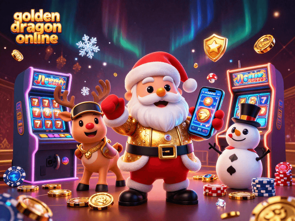 Experience the excitement of the golden dragon online slots with Santa Claus and friends in a festive casino.