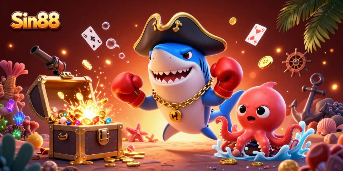 Experience Sin88’s thrilling underwater casino adventure with colorful characters, gold coins, and dynamic game elements.